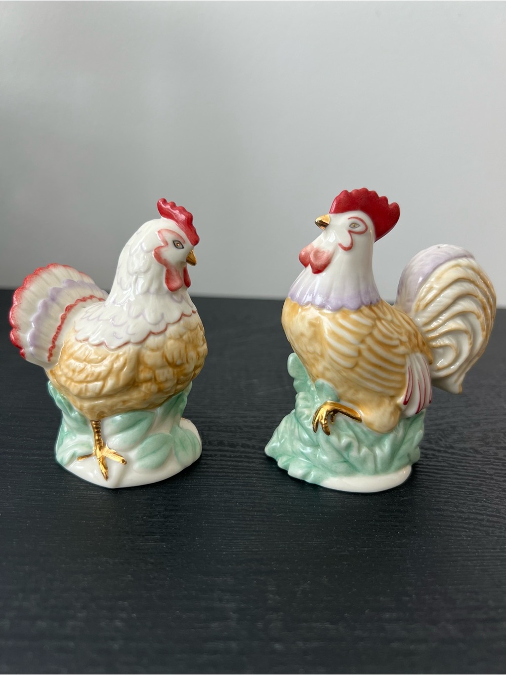 Lenox Porcelain Rooster & Hen Salt and Pepper Shakers - Pastel Colored 2004